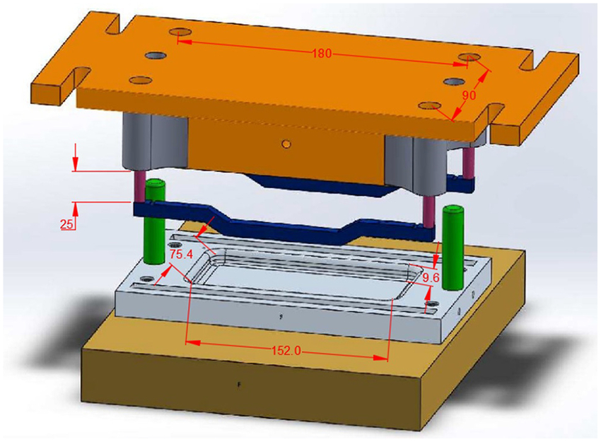 schematic diagram of the demolding mechanism die structure in injection molding, highlighting detailed measurements and components