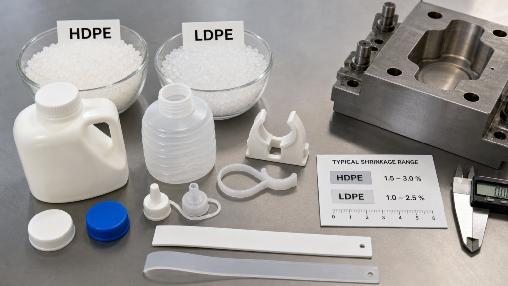 HDPE 및 LDPE 폴리에틸렌 사출 성형 부품, 수지 펠릿, 금형 인서트, 수축 카드 및 캘리퍼