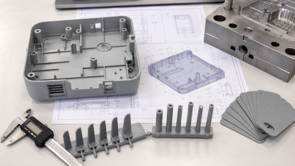 Injection molded part DFM setup with plastic enclosure CAD drawing draft samples gate samples and mold insert