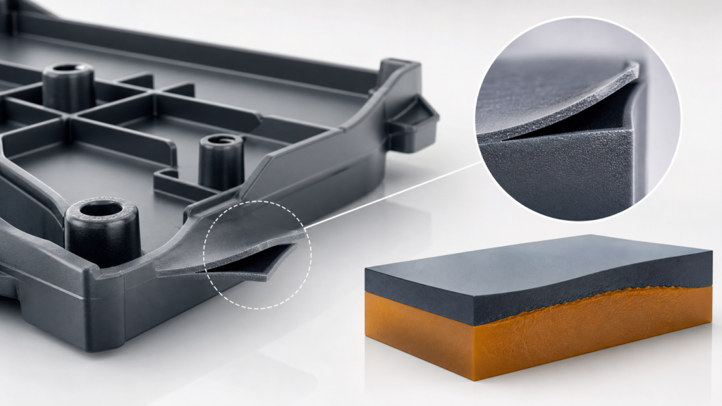 Delamination in injection molding showing a lifted surface layer and polymer interface