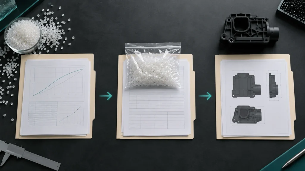 Material data, lot sample and plastic part arranged with separate technical document folders