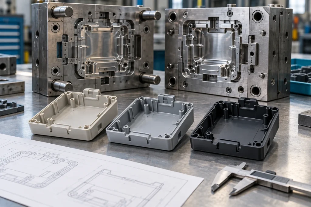 Open injection mold behind three trial plastic housings with drawing and caliper